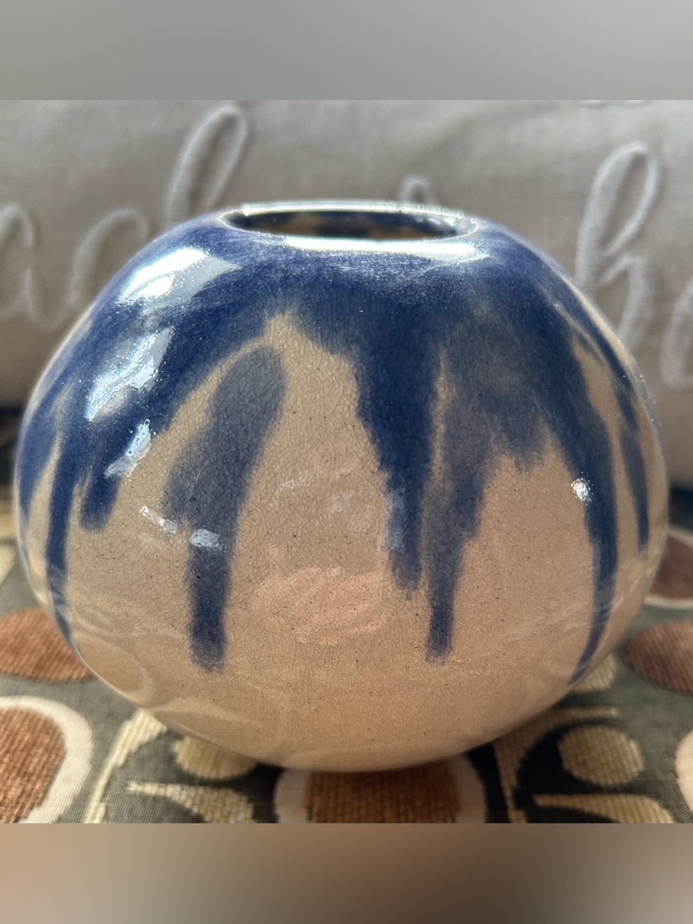 Handmade Pottery Vase Blue Drip Glaze - signed Rauch. Excellent condition